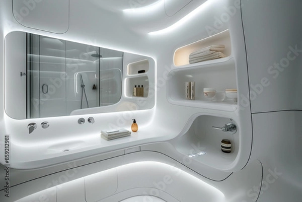 Fototapeta A futuristic bathroom with a minimalistic design, featuring white curved surfaces, built-in storage, and a mirror with touch-sensitive controls.