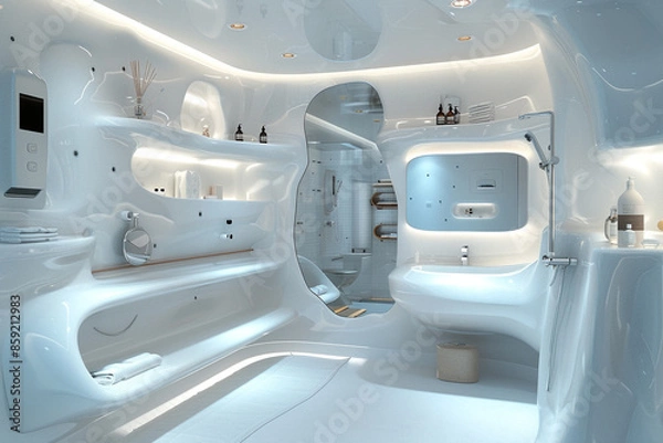 Fototapeta A futuristic bathroom with a minimalistic design, featuring white curved surfaces, built-in storage, and a mirror with touch-sensitive controls.