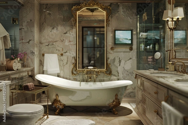 Fototapeta A luxurious bathroom with a freestanding bathtub, a large mirror with a gold frame, and marble countertops. The room is decorated with elegant finishes and soft lighting.