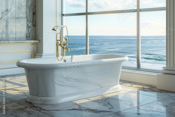 Fototapeta A luxurious bathroom with a freestanding bathtub positioned in front of a large window with a view of the ocean. The room features elegant marble and gold accents.