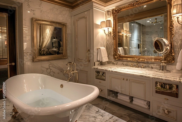 Fototapeta A luxurious bathroom with a freestanding bathtub, a large mirror with a gold frame, and marble countertops. The room is decorated with elegant finishes and soft lighting.