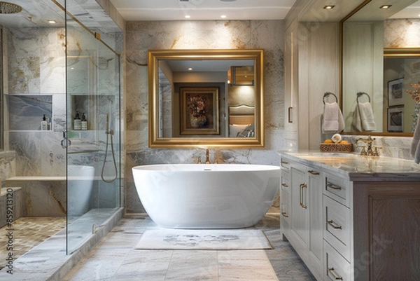 Fototapeta A luxurious bathroom with a freestanding bathtub, a large mirror with a gold frame, and marble countertops. The room is decorated with elegant finishes and soft lighting.