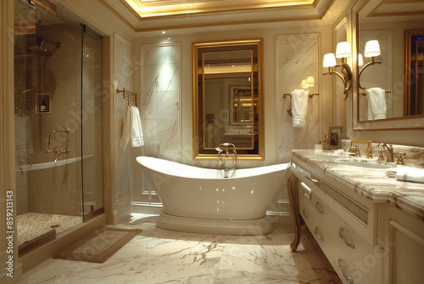 Fototapeta A luxurious bathroom with a freestanding bathtub, a large mirror with a gold frame, and marble countertops. The room is decorated with elegant finishes and soft lighting.