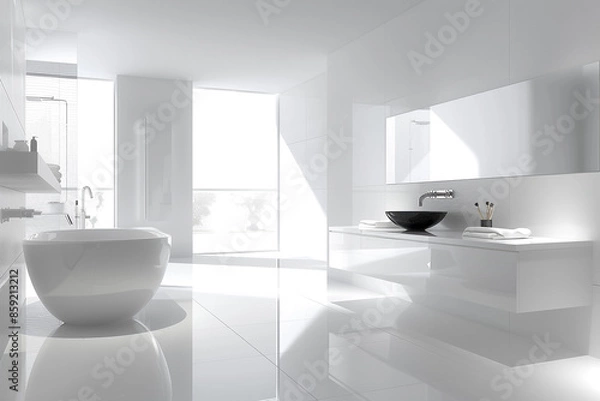 Fototapeta A minimalist bathroom with a white color scheme, a floating vanity with a vessel sink, and large format tiles. The room has a clean and modern look.