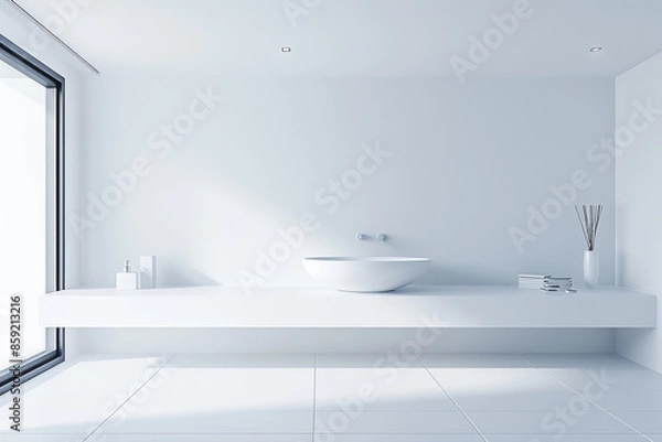 Fototapeta A minimalist bathroom with a white color scheme, a floating vanity with a vessel sink, and large format tiles. The room has a clean and modern look.