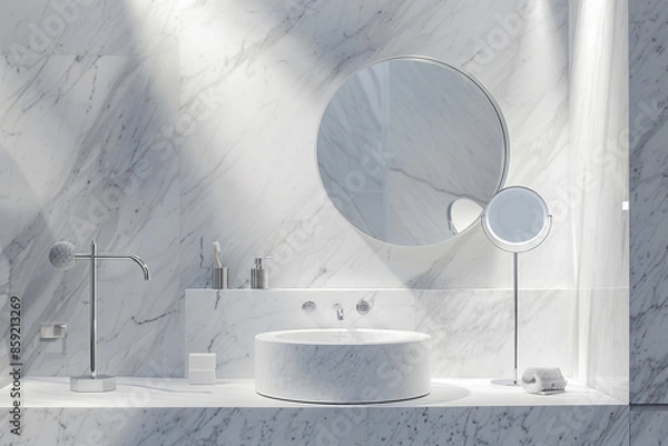Fototapeta A minimalist bathroom with white marble walls, a floating vanity, and a round mirror with LED backlighting. The sleek chrome fixtures add a modern touch.