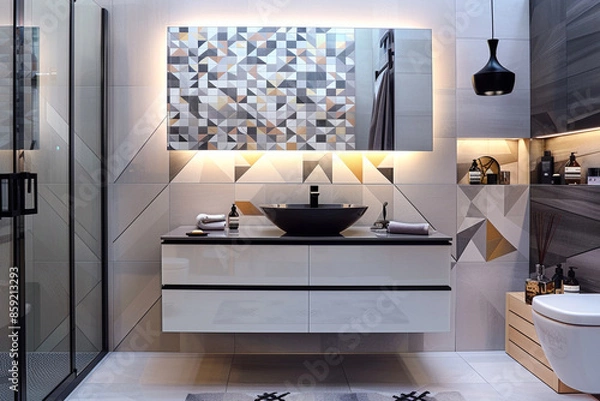 Fototapeta A modern bathroom with geometric tiles, a floating vanity with a vessel sink, and sleek black fixtures. The room has a clean, contemporary look.