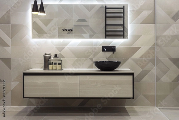 Fototapeta A modern bathroom with geometric tiles, a floating vanity with a vessel sink, and sleek black fixtures. The room has a clean, contemporary look.