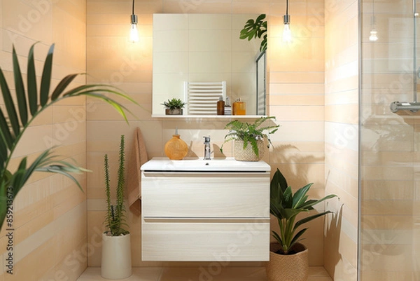 Fototapeta A Scandinavian-style bathroom with light wood finishes, a simple white vanity, and potted plants adding a touch of greenery. The walls are tiled in a soft pastel shade.