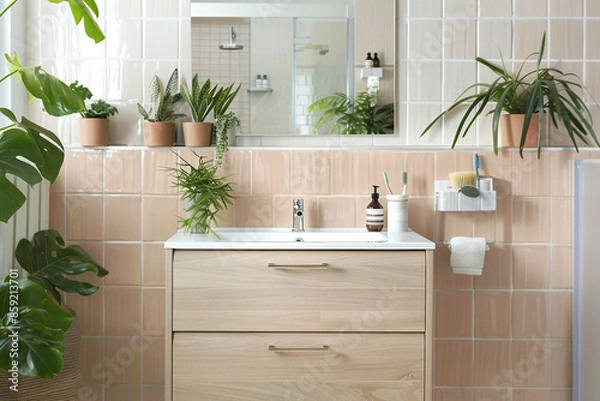 Fototapeta A Scandinavian-style bathroom with light wood finishes, a simple white vanity, and potted plants adding a touch of greenery. The walls are tiled in a soft pastel shade.