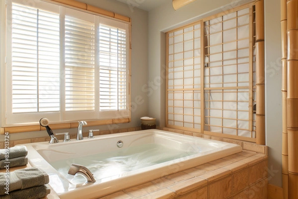 Fototapeta A serene bathroom with a Japanese soaking tub, bamboo accents, and shoji screen walls. The room is illuminated by soft, natural light.