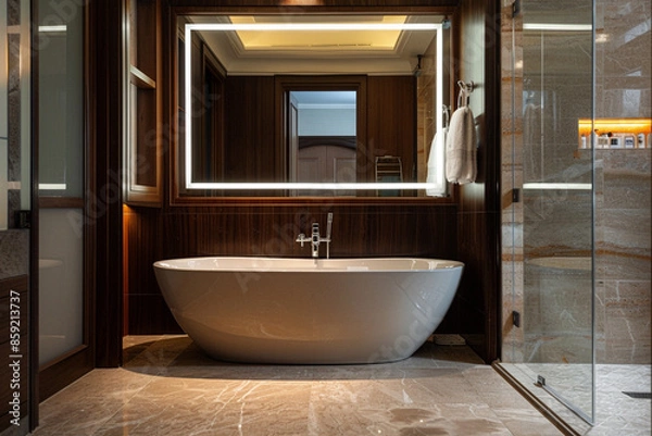 Fototapeta A sophisticated bathroom with dark wood finishes, a freestanding bathtub, and a large mirror framed with warm LED lighting. The floor is tiled with luxurious marble.