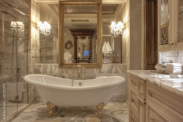 Fototapeta An elegant bathroom with a freestanding bathtub, a large mirror with a gold frame, and marble countertops. The room is decorated with luxurious finishes and soft lighting.