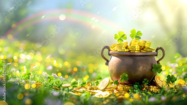 Fototapeta Banner with Pot of gold coins, clover leaves and rainbow. St. Patrick's day concept