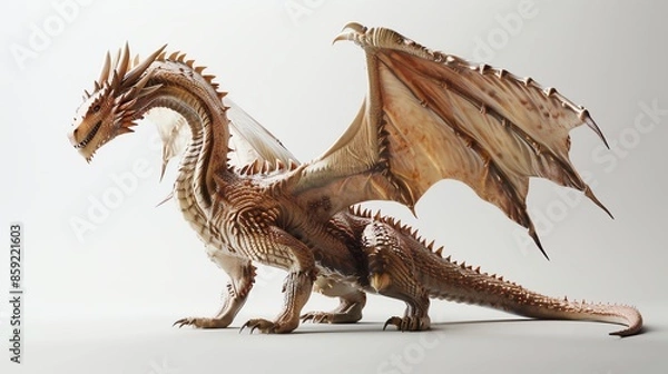 Fototapeta A 3D render of a dragon with large wings and a long tail.
