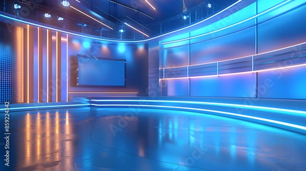Fototapeta Contemporary digital news broadcasting backdrop featuring chroma key functionality. Concept TV Studio Set, Chroma Key, Digital News, Contemporary Design
