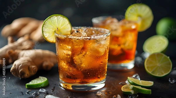 Fototapeta Dark and stormy cocktail with lime in glasses, ginger root, on table, nordic lounge, modern, no smoke, dark environment, low dop