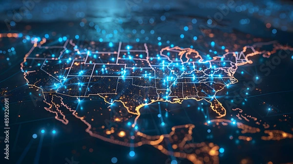 Fototapeta Digital map of USA, concept of North America global network and connectivity, data transfer and cyber technology, information exchange and telecommunication