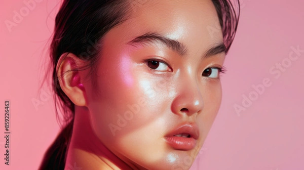 Fototapeta Intense close-up portrait capturing the piercing gaze of a woman against a vibrant pink background.