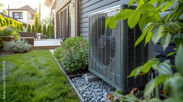 Fototapeta Installation of a heat pump system with the text PAC Pompe chaleur visible. Concept Heat Pump Installation, PAC System, Visible Pompe à chaleur