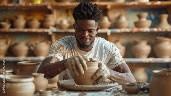 Fototapeta A young black man working with clay in a pottery shop, natural sunlight. Generative AI.