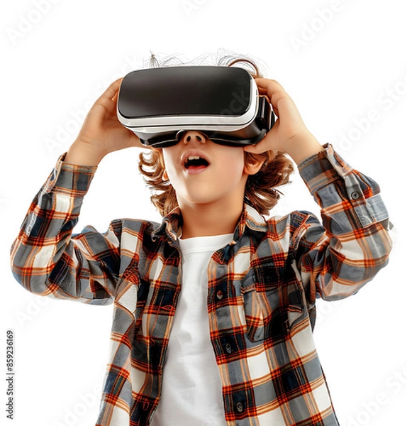 Obraz Satisfied young student exploring vr headset on isolated transparent background