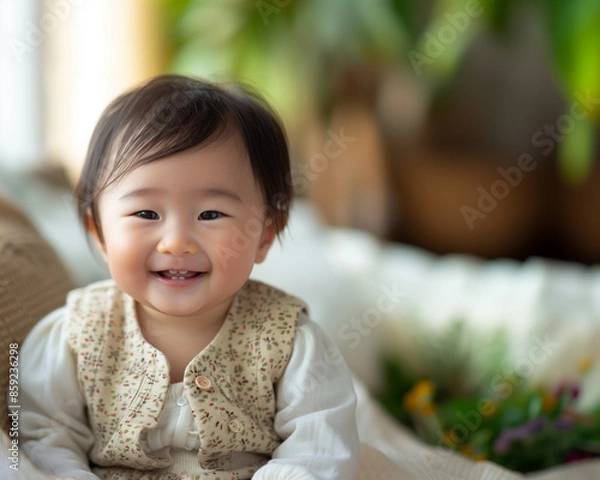 Obraz smiling asian baby, in the style of depth of field, soft-focus, in the style of joyful celebration of nature, macro zoom, in the style of high-key lighting, clean-lined, emotive faces 