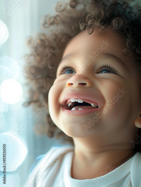 Obraz smiling afro baby, in the style of depth of field, soft-focus, in the style of joyful celebration of nature, macro zoom, in the style of high-key lighting, clean-lined, emotive faces