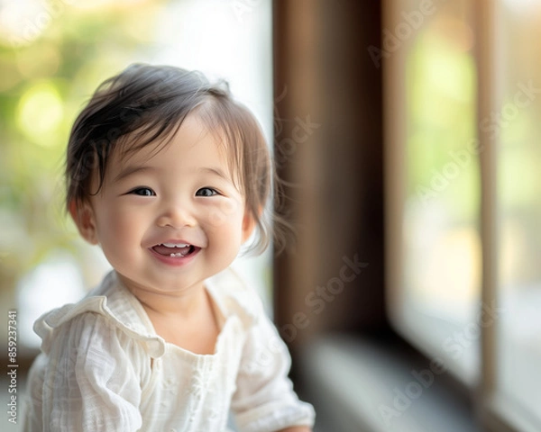 Obraz smiling asian baby, in the style of depth of field, soft-focus, in the style of joyful celebration of nature, macro zoom, in the style of high-key lighting, clean-lined, emotive faces 