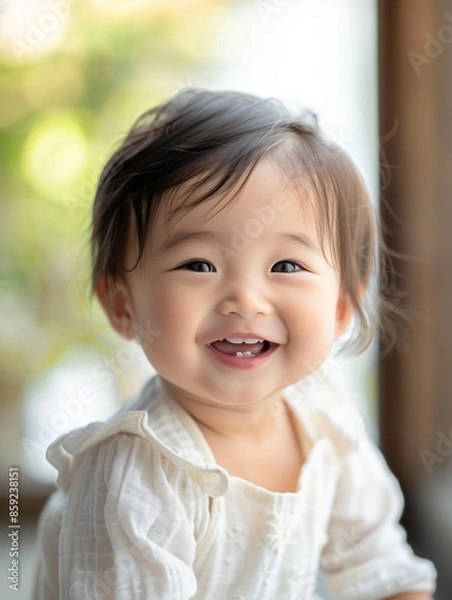 Obraz smiling asian baby, in the style of depth of field, soft-focus, in the style of joyful celebration of nature, macro zoom, in the style of high-key lighting, clean-lined, emotive faces 