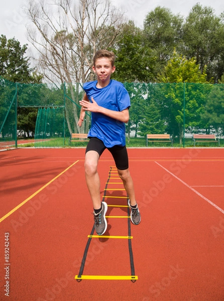 Fototapeta An athlete does special running exercises on a ladder.