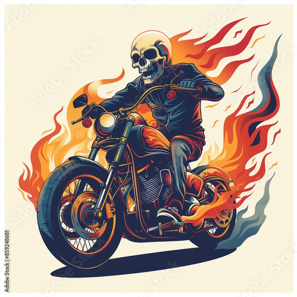 Obraz Illustration of a skull riding a motorcycle,White background, shirt design

