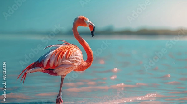 Fototapeta One beautiful pink flamingo standing on the shallow water, clear sky background. Generative AI.