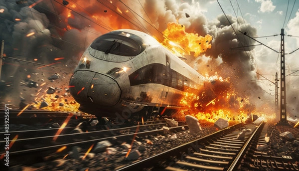 Fototapeta Explosive High-Speed Train Crash Artwork with Intense Fire and Debris, Concept of Fight Against Terrorism
