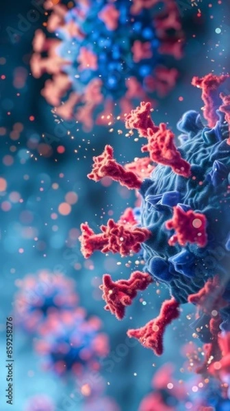 Obraz Close Up View Of A Coronavirus Particle In Blue And Red Hues