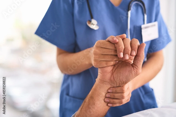 Obraz Support, patient and hands of doctor in hospital for comfort, sharing bad news or cancer diagnosis. Healthcare, trust and medical worker for test results, advice or counselling with kind gesture