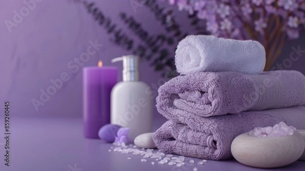 Fototapeta Spa theme with towel and soap on purple background