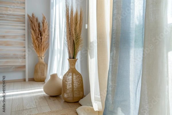 Fototapeta Country style interior, Provence in neutral tones with wicker vases and soft linen curtains
