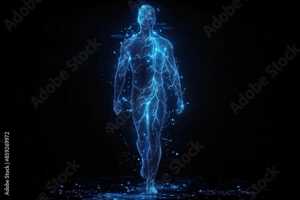 Fototapeta a technical wireframe render of a full human body,facing the camera, on black Background