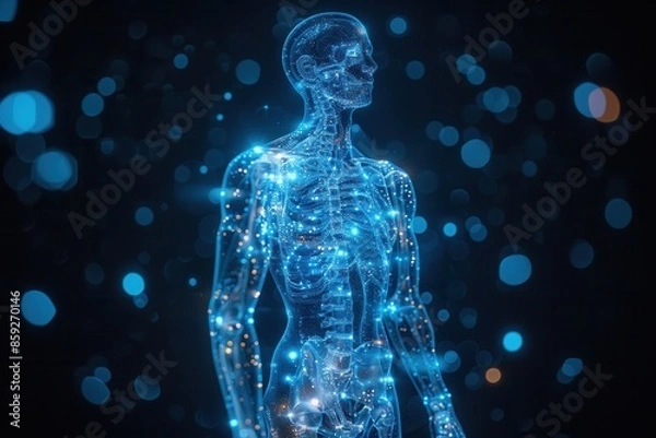 Obraz a technical wireframe render of a full human body,facing the camera, on black Background