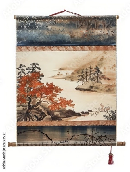 Obraz A traditional Japanese wall scroll with scenic artwork, isolated on a solid white background