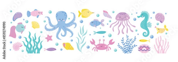 Fototapeta Childrens cute animals. Funny undersea animals, marine shells and seaweeds. Sea and ocean life vector illustration