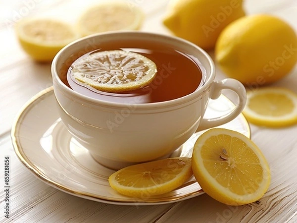Fototapeta A steaming cup of lemon tea on a white table with lemon slices