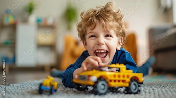 Fototapeta little child playing with toy train