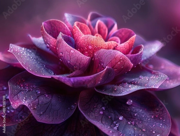 Fototapeta A close-up of a purple flower with dew drops on its petals