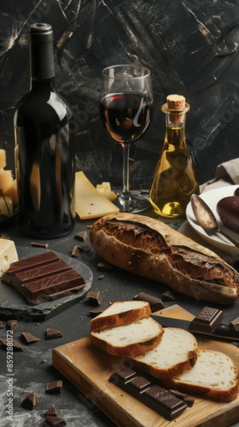 Fototapeta A table with a bottle of wine, a bottle of olive oil, and a chocolate