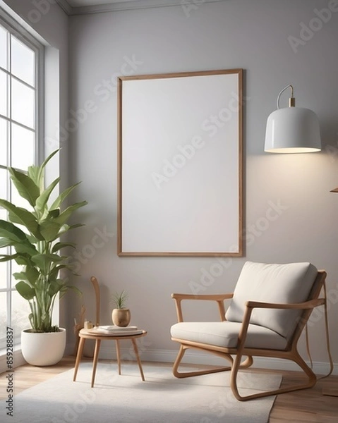 Fototapeta Frame mockup, Living room wall poster mockup, Interior mockup with house background, Scandinavian style, 3D render, 3D illustration