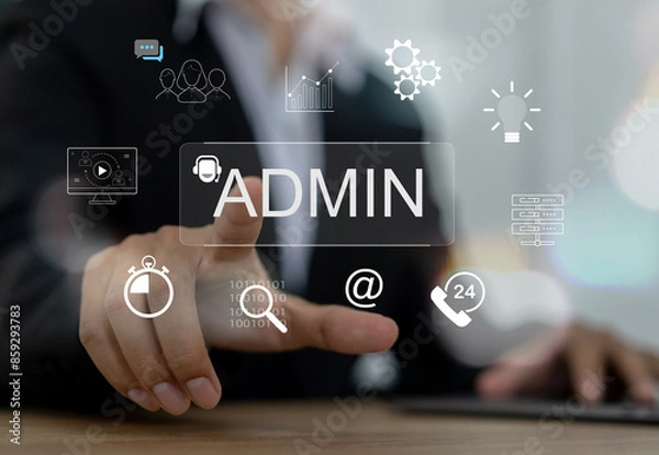 Fototapeta Businessman with Technology digital interface with the word ADMIN, administration, communication, customer support and data management, marketing, IT management, office tasks and support services
