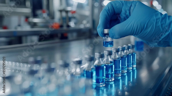 Fototapeta Laboratory Technician Handling Vials on Automated Production Line..
