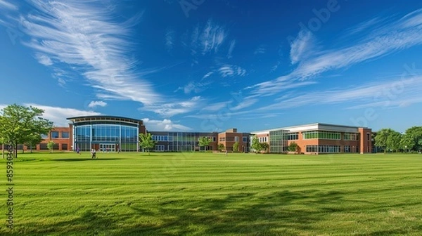 Fototapeta Modern American High School Building with Brick Exterior and Grassy Fields Under Clear Blue Skies. Wide-Angle View of Campus Landscape with Students, Featuring Contemporary Architectural Design.